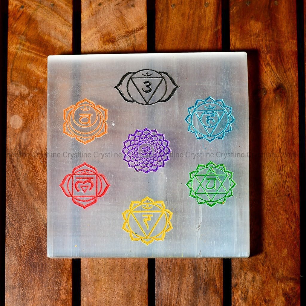 Selenite Charging Plate Square Seven Chakra by Crystline