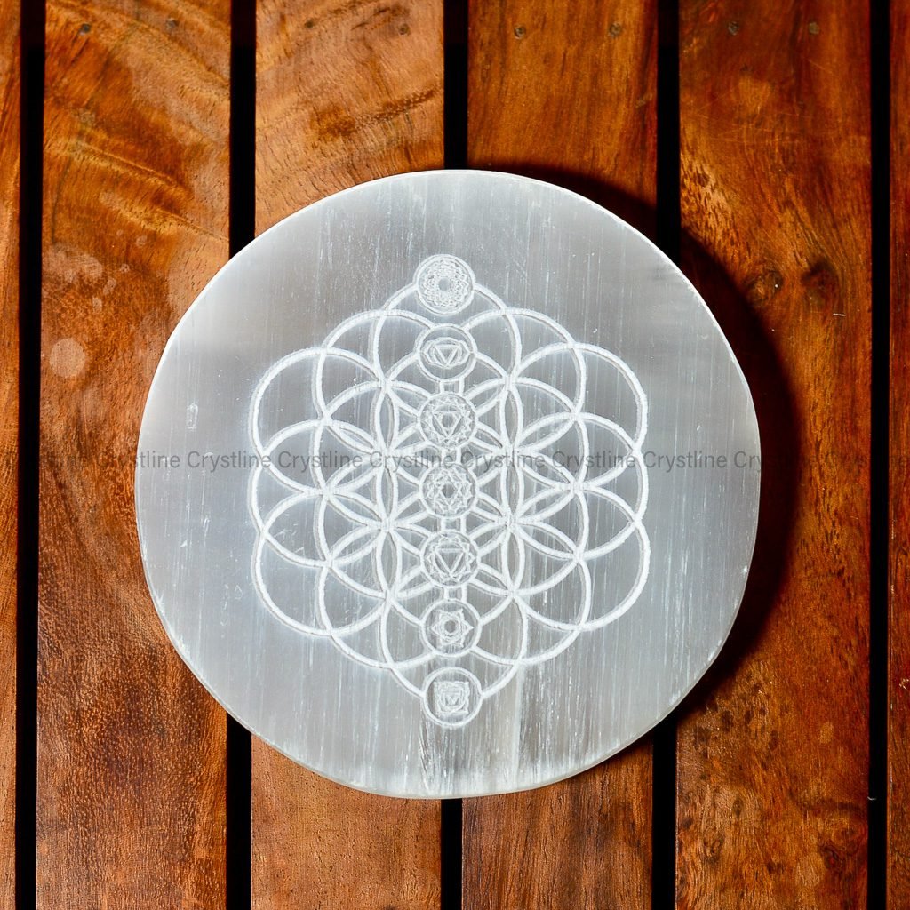 Selenite Charging Plate Round Seven Chakra by Crystline